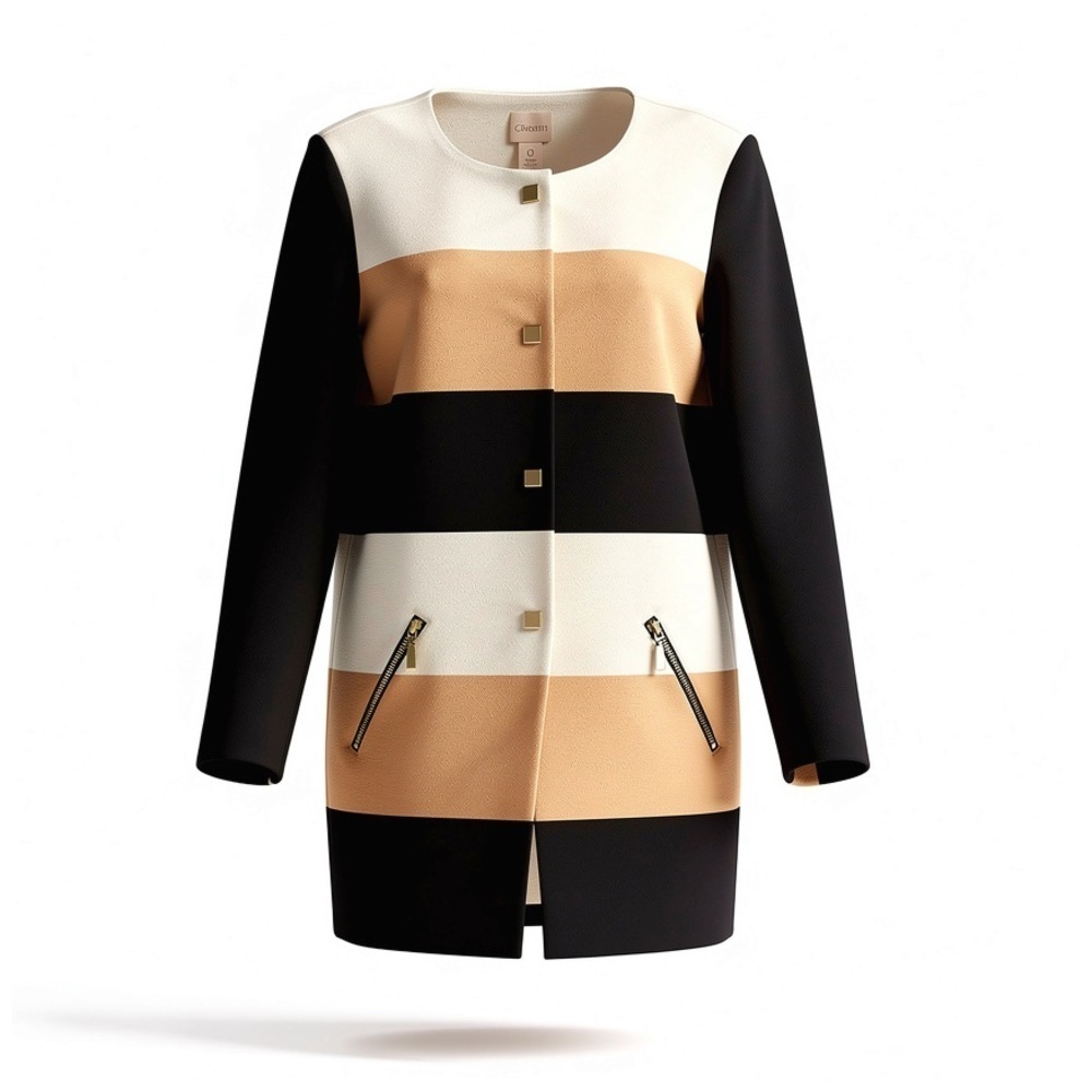 Chico’s Striped Color-Block Button Ponte Jacket. Black, Tan, White. Size 0